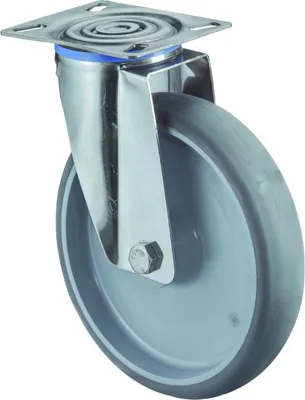 Produktbild von BS Rollen Edelstahl-Transportrolle, Lenkrolle, Rad-Ø 200 mm, Tragkraft 200 kg, Gummirad, Platte, Gleitlager
