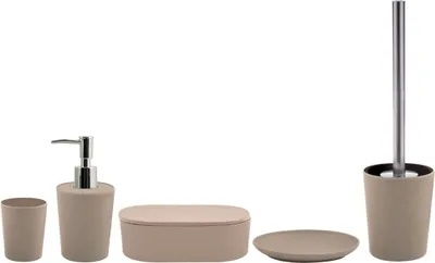 Obrázek produktu pro spirella koupelnová sada 5dílný úložný box WC kartáček Dávkovač na mýdlo Koupelnová sada Toaletní kartáč Bamboo Beige