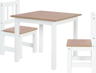 A white and wood-colored children's table and two chairs set against a white background.