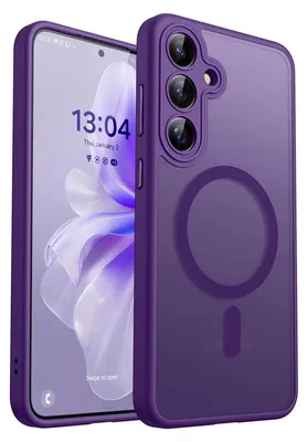 A purple phone case is shown next to a smartphone displaying the time and date.