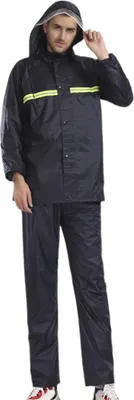 A man wearing a black hooded raincoat with yellow reflective stripes.