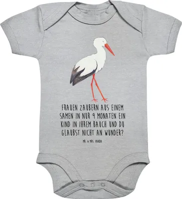 Produktbild von Mr. & Mrs. Panda babykleidung body Storch 3. - 6. Monat - Heather Grey - Geschenk, Mütter, Schwanger, Baby, Lustige Sprüche, overall, Babybody, Strampler, Geburt, Störche