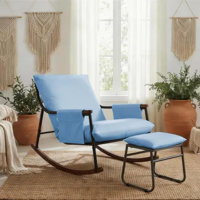 Image de Fauteuil avec Repose Pieds, Poche latérale Accoudoirs et Bases en Bois, Rocking Chair pour Salon, Chambre, Balcon, Nursery, Tissu Technique, Bleu