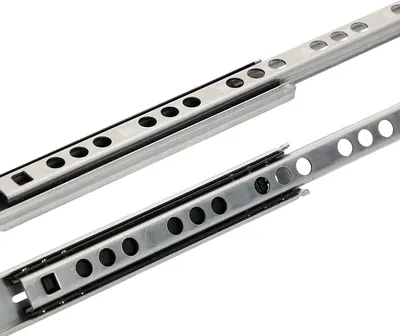 Two metal drawer slides are shown against a white background.