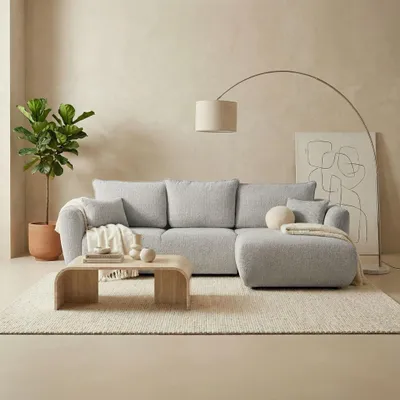 Produktbild von L-Form Ecksofa – Rechts – Modernes Sofa mit Schlaffunktion und Bettkasten – Liegefläche 210 × 140 cm – Grau Strukturstoff Chenille