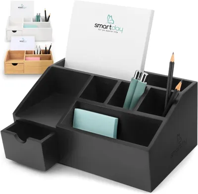 Image de Organisateur de bureau, dimensions 24,5 x 15 x 11 cm, avec tiroir, pour bureau, en bambou, couleur noire