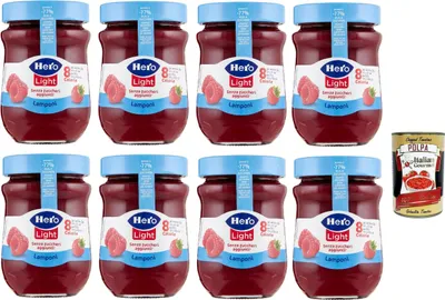 Produktbild von Hero Light Light Himbeeren Marmelade, 8 Gläser mit 280 g, Marmelade und zusätzlicher Marmelade, hochwertige Früchte, ohne Konservierungsstoffe und ohne Farbstoffe + Italian Gourmet polpa 400g