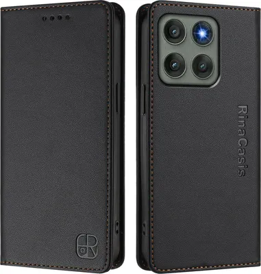A black leather flip wallet case for a smartphone, shown from the front and back.
