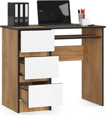 Immagine prodotto di BDW, scrivania per computer con 3 cassetti, cassetto per tastiera, 90x77x50 cm, rovere artigianale/bianco (sinistra)