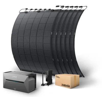 Produktbild von Kleines Kraftwerk Flexibles Balkonkraftwerk mit Speicher 1350Wp – 0% MwSt – 6× Solarmodule inkl. Anker Solarbank 3 Pro – PV Anlage für Sonderflächen