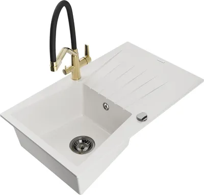 Produktbild von Mexen Cesar 1 Becken-Granitspüle mit Abtropffläche und Mischbatterie Duo, Weiß - 6514-20-671701-57-B