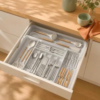 Produktbild von Ausziehbarer Besteckkasten für Schubladen mit Abnehmbar Messerhalter PP Besteckhalter Besteckeinsatz Schubladeneinsatz Besteckorganizer 9 Fächer