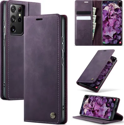 Image de Etui en cuir pour Samsung Galaxy S21 Ultra 5G, protection RFID, fermeture magnétique, fentes pour cartes et fonction stand Violet