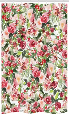 Produktbild von ABAKUHAUS Blumen Schmaler Duschvorhang, Roses Beeren Blumenstrauß Kunst, Badezimmer Deko Set aus Stoff mit Haken, 120 x 180 cm, Grün Rosa
