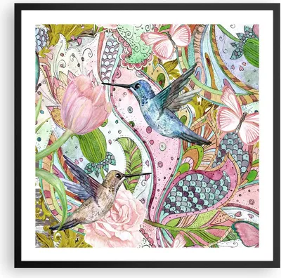 Produktbild von Gerahmtes Poster - Schwarzer Rahmen - Vogel Schmetterling Blume - 60x60 cm - Wand Bild - Wanddeko - Wandbilder - Wandposter - Bilderrahmen - Bilder - Kunstdruck - Wandbild - P2BAC60x60-4065