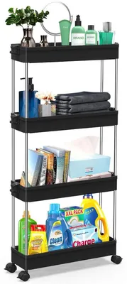 Immagine prodotto di Carrello portaoggetti per la cucina con 4 ripiani, carrello stretto con ruote, scaffale angolare su ruote, scaffale portaoggetti per cucina, bagno o lavanderia, colore nero