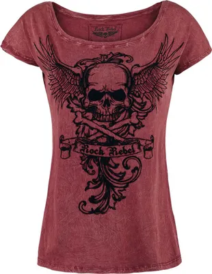 Produktbild von Rock Rebel by EMP Damen rotes rockiges T-Shirt in Crinkles-Waschung mit Totenkopf-Print L