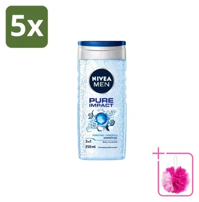 Productafbeelding van 5 x Nivea Men Douchegel Pure Impact 3-in-1 - 250 ml - Voordeelverpakking - 5 stuks