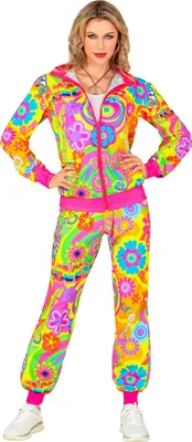 A woman is modeling a colorful tracksuit.