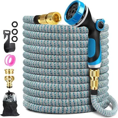 Produktbild von Unyqoos® Dehnbarer Gartenschlauch 15 m – flexibler Wasserschlauch bis zu 3× ausziehbar, 10 Sprühfunktionen, massive Messinganschlüsse, 3750D-Polyester & 4‑lagiger Latexkern