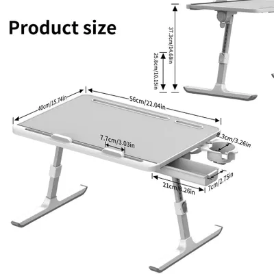 Immagine prodotto di Tavolo per laptop - Tavolo pieghevole da letto - Tavolo per computer regolabile in altezza - Piano in legno rettangolare - Scrivania portatile - Con cassetto