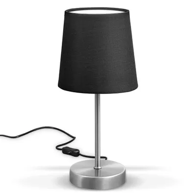 A modern desk lamp with a black fabric shade and a brushed metal base and stem.