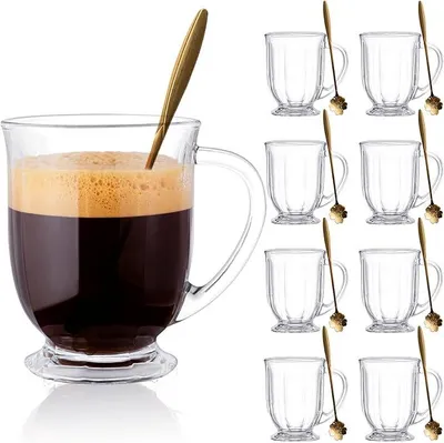 Imagen del producto de Juego de 8 tazas de vidrio para café Silecomplaza, con capacidad de 425 ml, con asa. Tazas de vidrio transparentes, incluye 8 cucharas. Vasos de vidrio grandes, ideales para café con leche, espresso, zumos y té