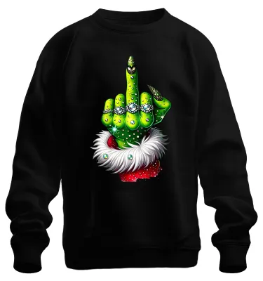 Productafbeelding van Grinch, middelvinger, kerst, brutaal, cadeau, glitter, uni, sweatshirt, trui, zwart, maat L