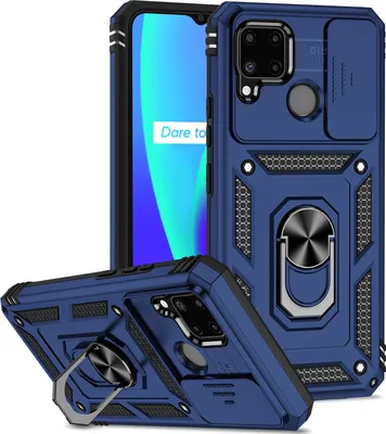 Produktbild von OPPO Realme C11/C12/C15 2020 Hülle mit Schiebe Kamera Schutz und Ringhalter Ständer Robust Rüstung Schutzhülle für OPPO Realme C11/C12/C15 2020 Blau