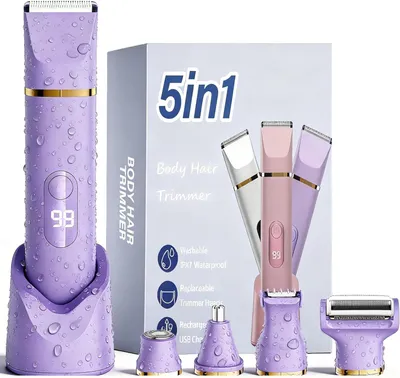 Produktbild von 5-in-1 Elektrisch Intimrasierer, Bikini Trimmer Damen für Körper & Intimbereich mit LED-Anzeige, IPX7 Wiederaufladbar USB, Trimmer nass trocken