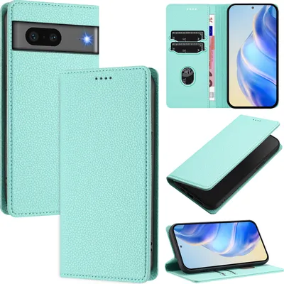Produktbild von Litchi Leder Handyhülle für Google Pixel 7 Wallet Kartenfächer Standfunktion Hülle Türkis