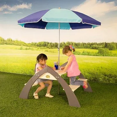 Productafbeelding van Famanu kindertafelset met geïntegreerde bankjes en parasol - hout