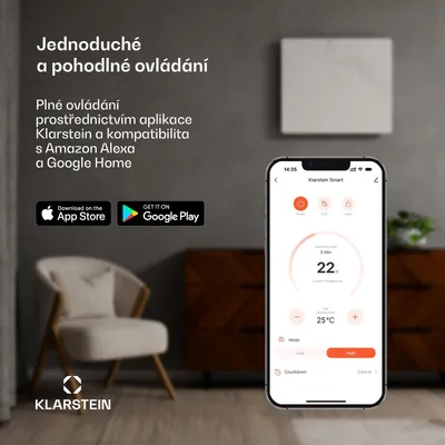 Obrázek produktu pro Klarstein Infračervený ohřívač s termostatem, 360 W elektrický ohřívač, inteligentní domácí nástěnný infračervený ohřívač, IR s ovládáním IoT/WiFi aplikací, ohřívač vlhkých místností, nástěnný ohřívač bez CO2