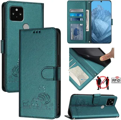 Produktbild von Leder Hülle für Google Pixel 5 Süße Katze Flip Case Brieftasche Schutzhülle mit Standfunktion Grün