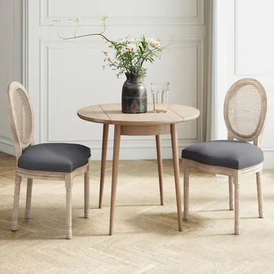 Produktbild von Esszimmerstühle 2er Set Vintage Rattanoptik, Küchenstühle gepolstert Leinenoptik Kautschukholz, Grau | 49 x 56 x 96 cm | 11,5 kg | Boho-Stil