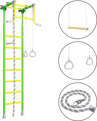 Obrázek produktu pro Šplhací stěna pro děti – kovová lezecká stěna do interiéru s gymnastickou houpačkou a gymnastickými kruhy – Comet 2, světle zelená