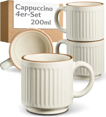 Produktbild von Cosumy 4er Cappuccino Tassen Set Beige – 200ml Kaffee Tasse aus Keramik mit Henkel – stapelbar vertikal Rillenoptik – Cappuccinotassen 4er Set