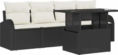 Image de vidaXL Ensemble de canapé de jardin avec coussins avec coussins 5 pcs noir Poly rotin