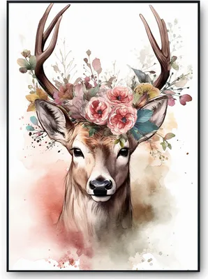 Produktbild von Hirsch Wandbild Bunte Blumen Wanddeko Kunstdruck Natur Hirsch Wandposter Wohnzimmer Schlafzimmer – DIN A3 (29.7x42cm)