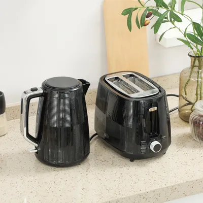 Image de Ensemble bouilloire et grille-pain 2-en-1, grille-pain 2 tranches, ensemble pour le petit-déjeuner, noir, acier inoxydable | 1,7 L | 2200 W | 7 niveaux de brunissage | Protection contre la surchauffe