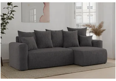 Produktbild von MEBLINI Schlafcouch mit Bettkasten - 238x142x73cm - Grau Cordstoff - DAVE - Kleines Ecksofa mit Schlaffunktion - Sofa mit Relaxfunktion und Kissen - Kleine Couch L-Form - Eckcouch