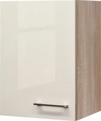 A single kitchen cabinet with a cream-colored door and a wood-grain side panel.