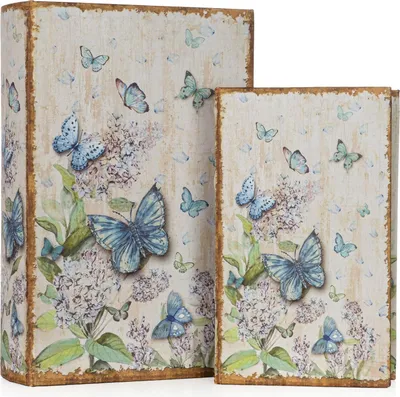 Image de Set de couvre-livres avec motif de papillons - Boîtes à livres décoratives pour le rangement - Cache-bijoux et petits objets - Design vintage - Set de 2 grandes et petites