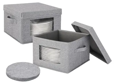 Productafbeelding van Relaxdays Telleropslag, set van 2, met 12 viltinzetstukken, handgrepen, zichtvensters, afmetingen (hoogte x breedte x diepte): 20,5 x 30,5 x 30,5 cm, grijs