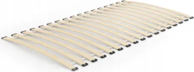 A wooden bed slatted base on a white background.