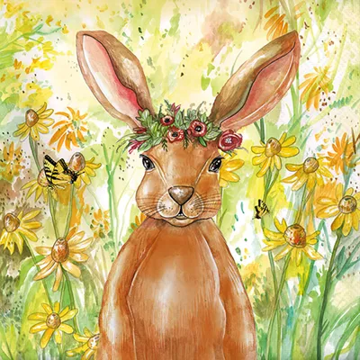Produktbild von Servietten Papier 33x33cm 3-lag mit Hase & Frühlingsblumen Motiv 20Stk