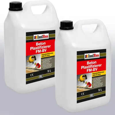 Produktbild von Isolbau Beton Plastifizierer FM-BV - 2 x 5 Liter, stark verflüssigend & plastifizierend – Betonverflüssiger Fliessmittel als Zusatzmittel für Estrich, Beton, Mörtel - Chlorfrei, keine Stahlkorrosion