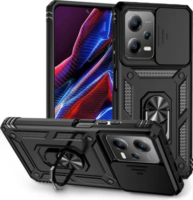 Image de Étui pour Xiaomi Redmi Note 12 Pro 5G étui double couche avec couvercle coulissant pour appareil photo et anneau de support noir