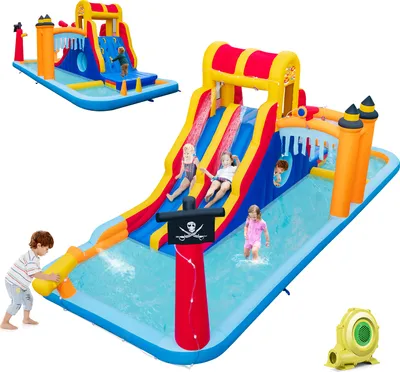 Produktbild von GOPLUS Aufblasbare Hüpfburg, 6 in 1 Wasserpark mit 2 Rutschen, Kletterwand, Wasserkanone, Planschbecken, Ringwurfspiel, Kriechtunnel, Erdspießen, Reparaturset & Tasche (Schatzkiste, Ohne Gebläse)