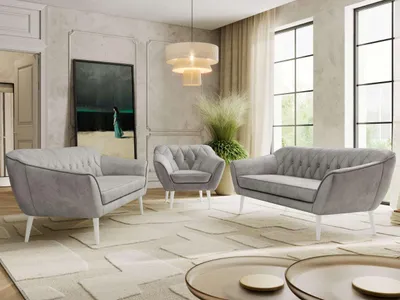Produktbild von MKS MEBLE Couchgarnitur PIRS 3-3-1, Set mit Armlehnen, Wellenfederung, weiße Füße, Dreisitzer Sofas mit Sessel, Sitzgruppe Wohnzimmer - Hellgrau Velvet